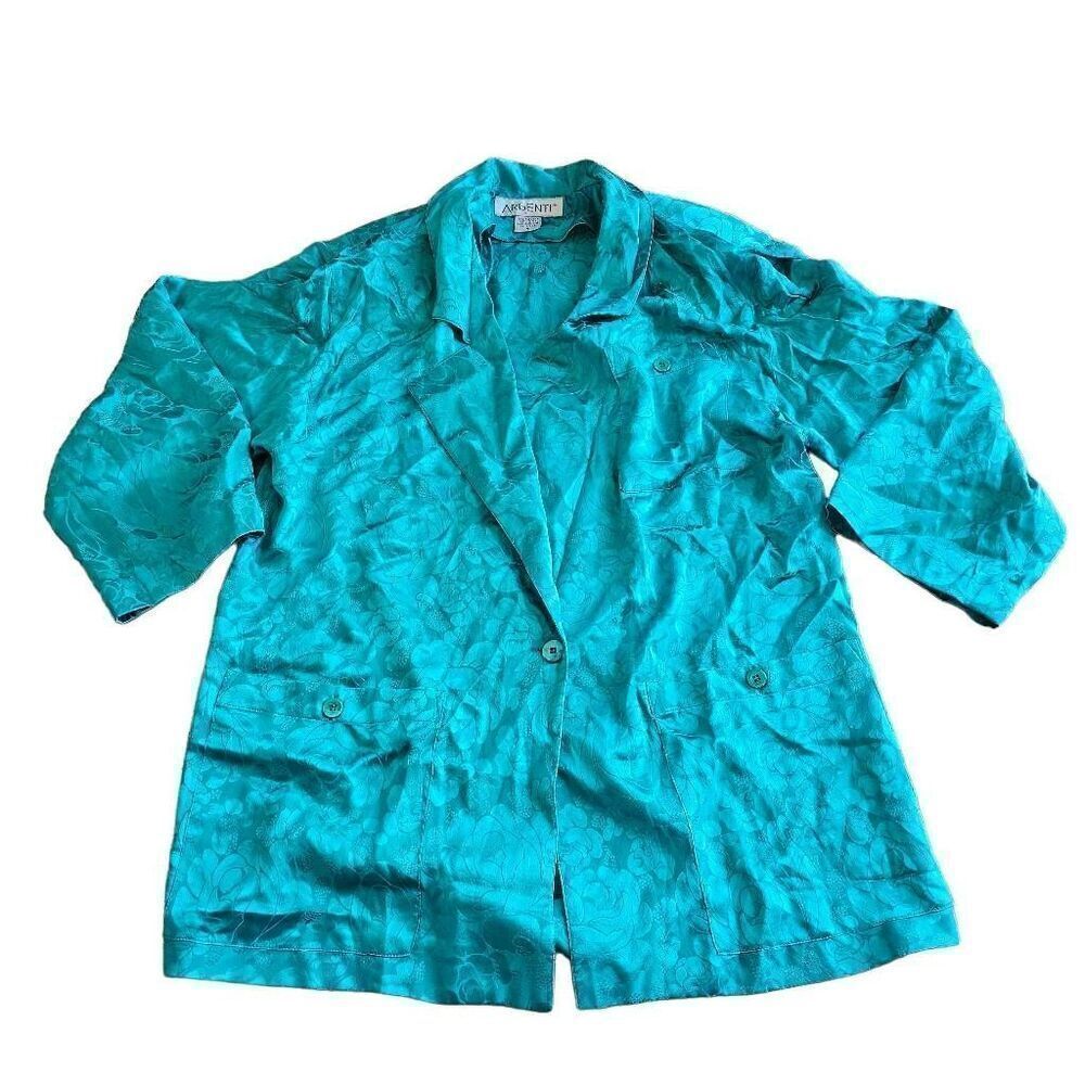 Vintage Argenti womens Sz 4 L teal blue floral 100% silk blazer oversized